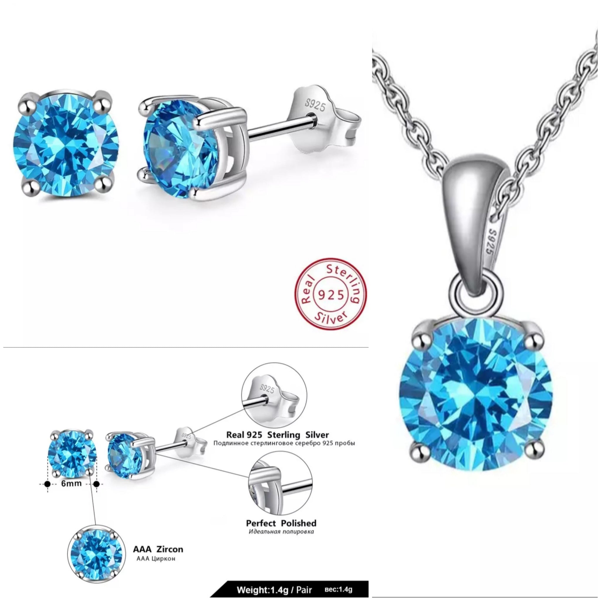 Sterling Silver Birthstone Stud Earrings and Necklace Set - HNS Studio