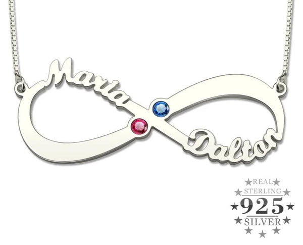 Sterling Silver Infinity Necklace with Two Names and Birthstones - HNS Studio
