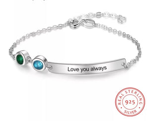 Personalized Bracelet with two Birthstones and Engraved Message