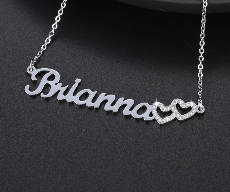Custom Name Necklace with Bling Iced Out Hearts