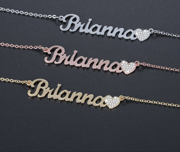 Custom Name Necklace with Bling Iced Out Heart