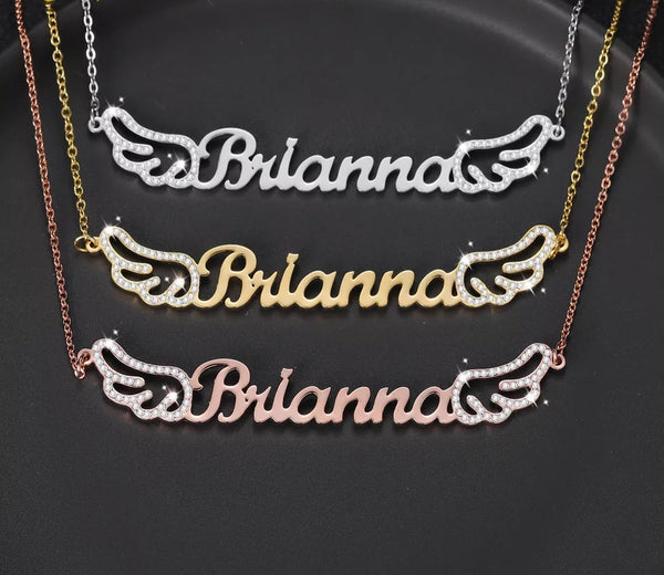 Custom Name Necklace with Bling Iced Angel Wings