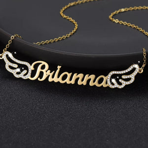 Custom Name Necklace with Bling Iced Angel Wings