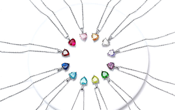 Sterling Silver Heart  Birthstone Pendant Necklace