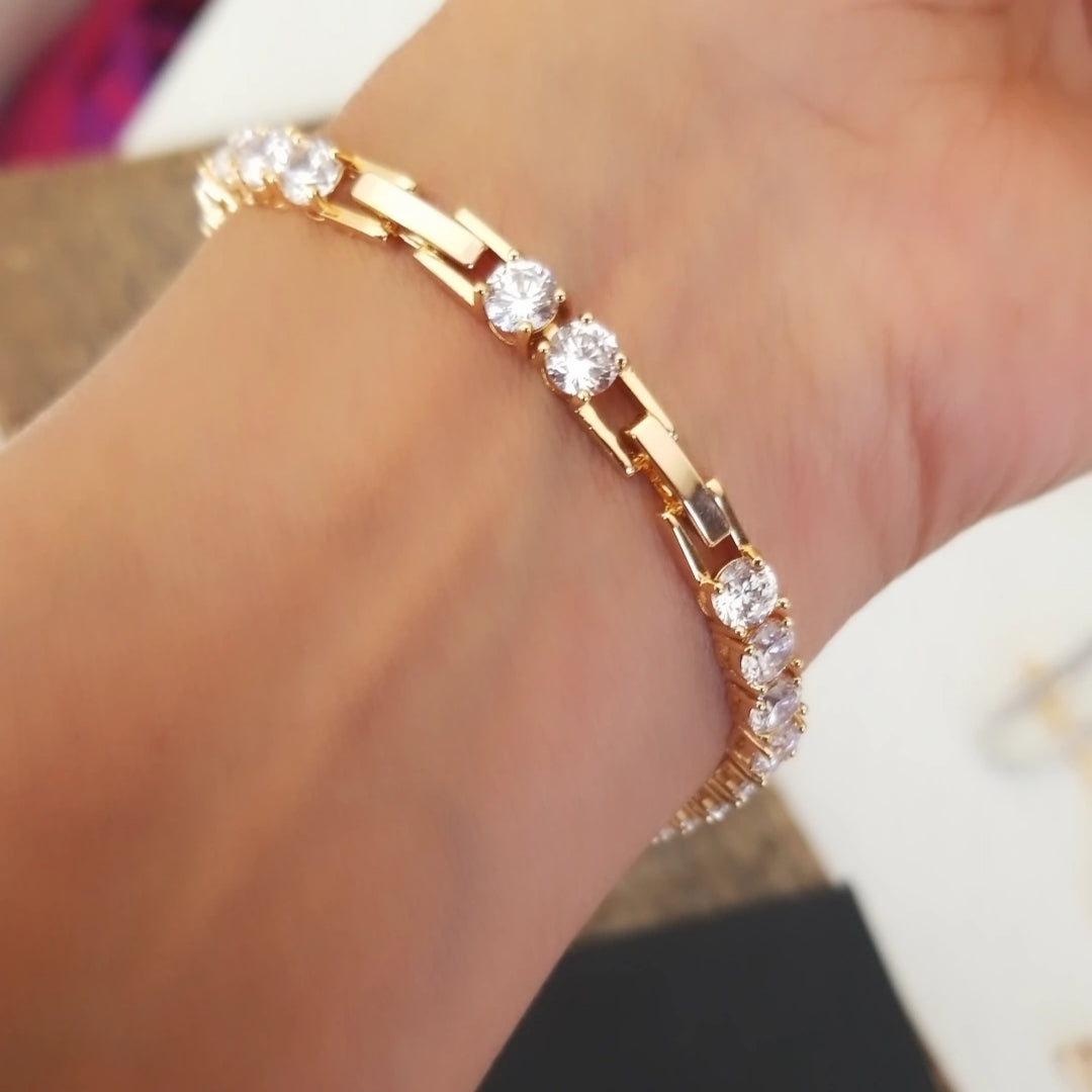 RIZILIA Round Cut Multi-Color CZ 18K Gold Plated Tennis Bracelet For Women, 7 Inch Elegant Design
