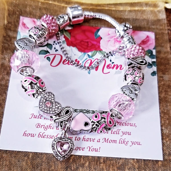 Breast Cancer Awareness Charm Bracelet, Charms Bracelet for Women