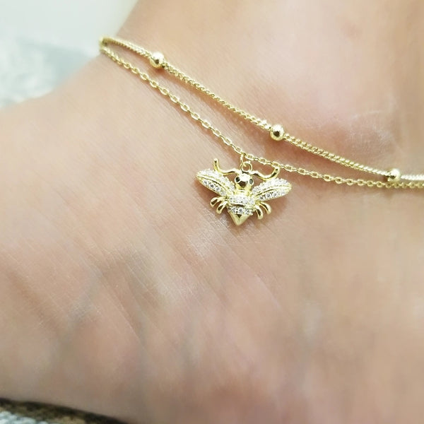 14k Gold Filled Honey Bee Charm Two Layers Anklet HNS Studio Canada 