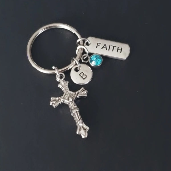Personalized Cross Keychain with Faith Charm