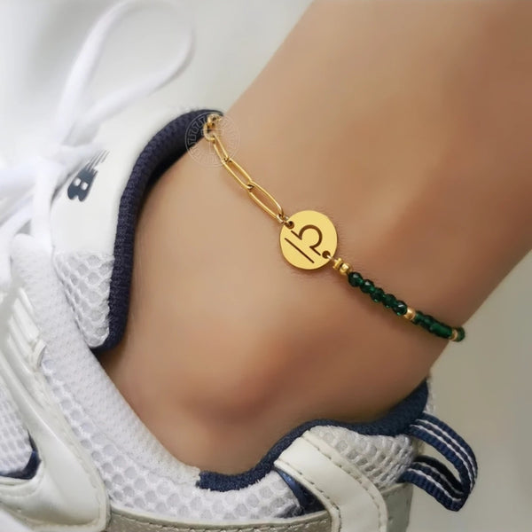 Personalized Horoscope Charm Anklet with Green Beads HNS Studio Canada 