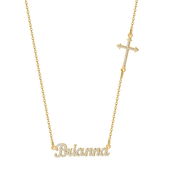 Custom Name necklace with Sideways Bling Cross