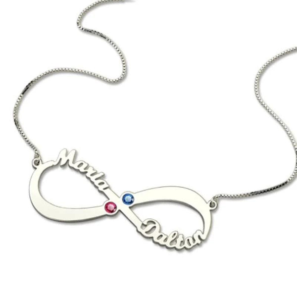 Sterling Silver Infinity Necklace with Two Names and Birthstones - HNS Studio
