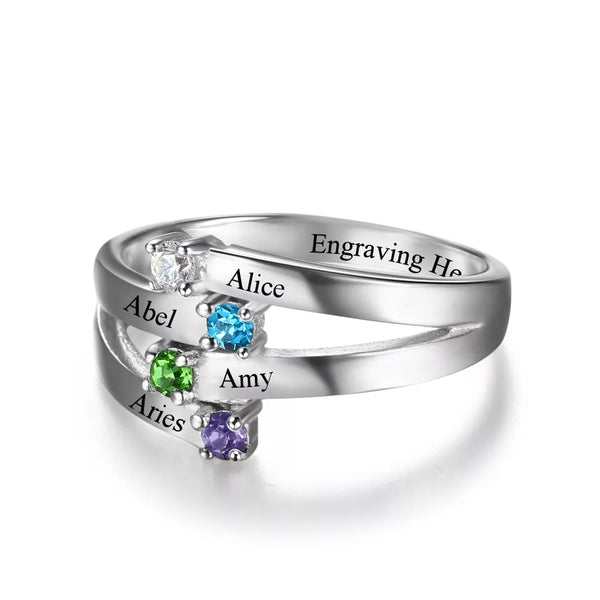 Personalized Sterling Silver family names Ring with Birthstones - HNS Studio