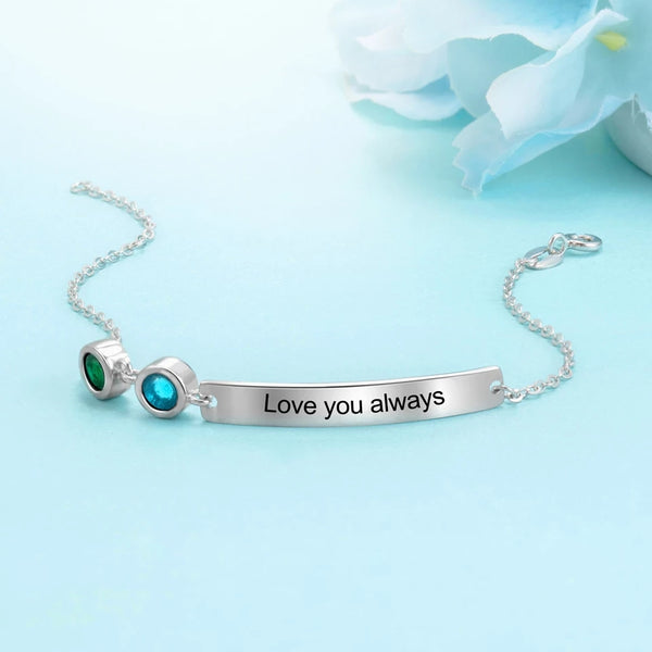 Personalized Bracelet with two Birthstones and Engraved Message - HNS Studio