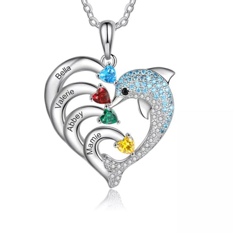 Personalized Dolphin Family Names Necklace with Birthstones HNS Studio Canada 