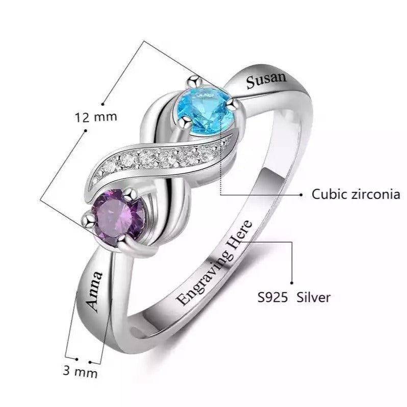 Personalized Infinity Sterling Silver Ring with Birthstones and Names