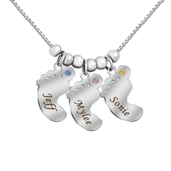 Baby Feet  Necklace with Kids Names and Birthstones