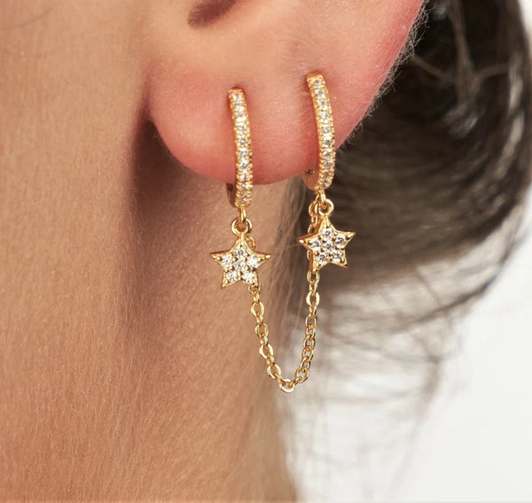 Star Hoops Chain Earrings for Double Piercing HNS Studio Canada 