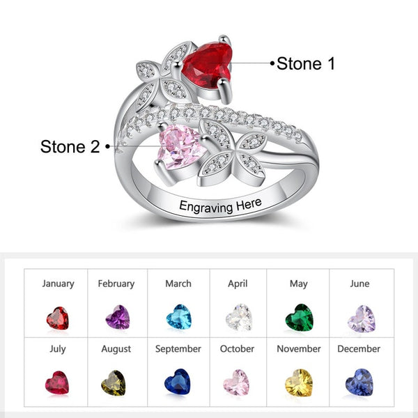 Personalized Butterfly Engraved Ring with 2 Heart Birthstones HNS Studio Canada 
