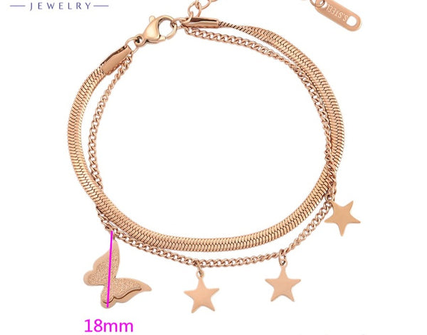 Two layered Rose Gold Bracelet with Stars and Butterfly Charm HNS Studio Canada 