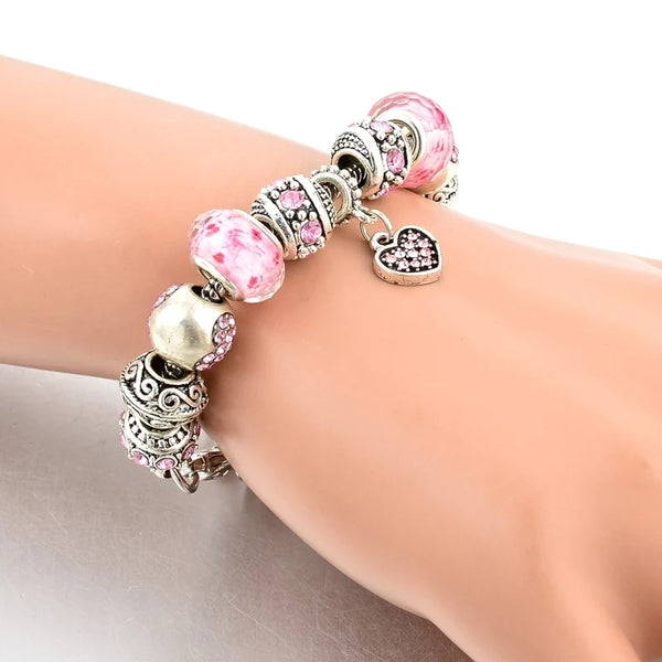 Silver Pink Charms Bracelet - HNS Studio