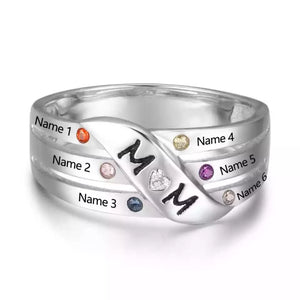 Engraved Six Birthstones and Names Mom Ring