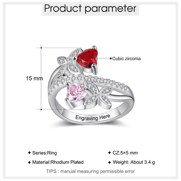 Personalized Butterfly Engraved Ring with 2 Heart Birthstones HNS Studio Canada 