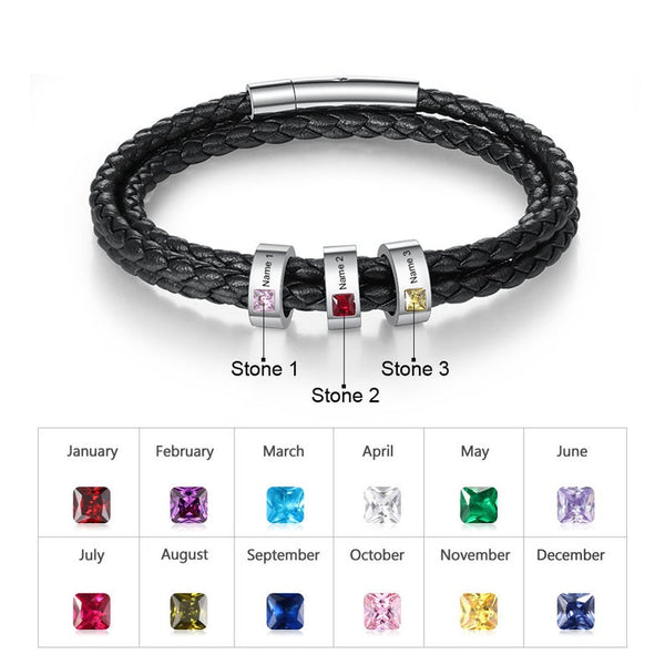 Men's leather bracelet with names and birthstones HNS Studio Canada 