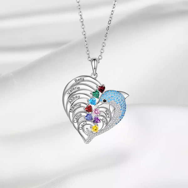 Personalized Dolphin Family Names Necklace with Birthstones HNS Studio Canada 