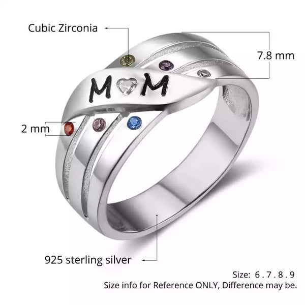 Engraved Six Birthstones and Names Mom Ring