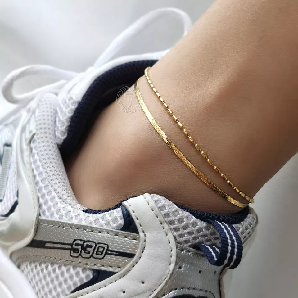 18k Gold Plated Herringbone Chain Two Layers Anklet HNS Studio Canada 
