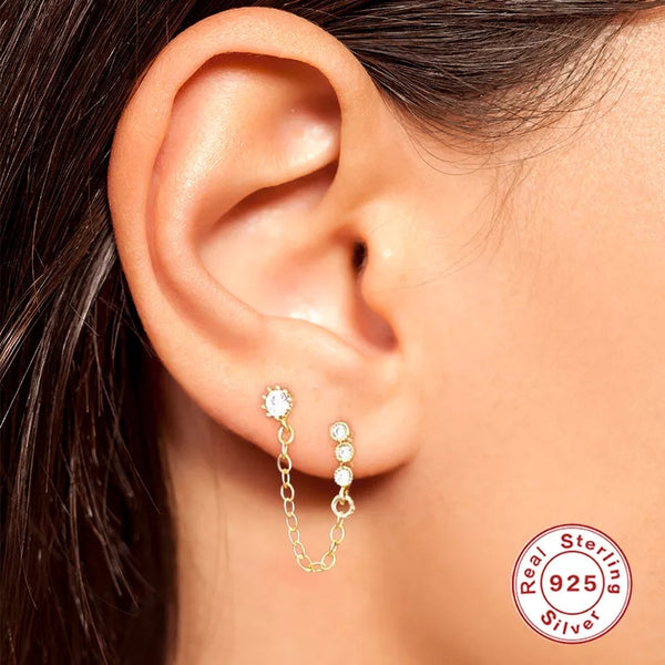925 Sterling Silver Chain Earrings for Double Piercing