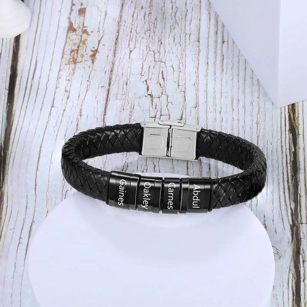 Personalized Men Braided Leather Bracelets with Custom Beads HNS Studio Canada 