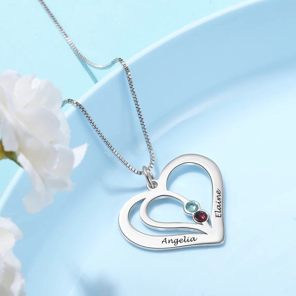 Personalized Names Heart Sterling Silver Necklace with Engraving