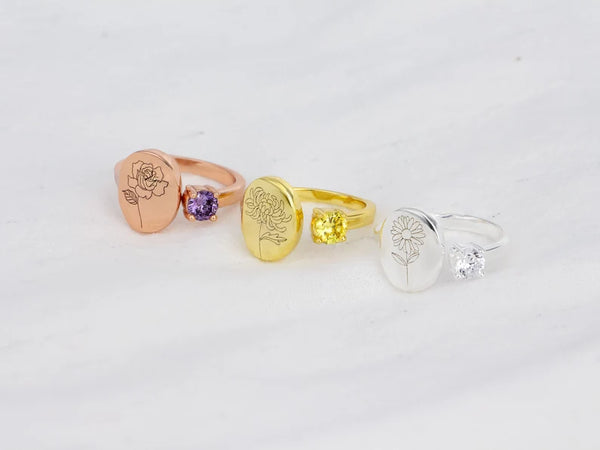 Personalized Birth Flower Signet Ring HNS Studio Canada 