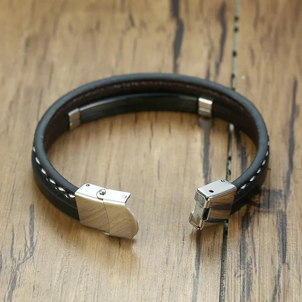 Engraved Bracelet for Men in Stainless Steel and Black leather