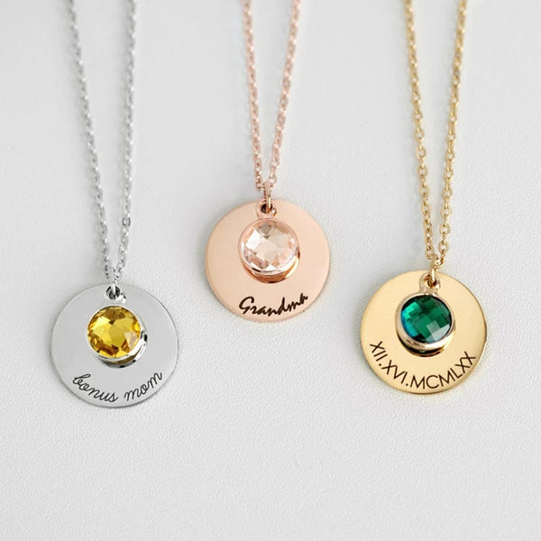 Name Disc Pendant Necklace with Birthstone HNS Studio Canada 