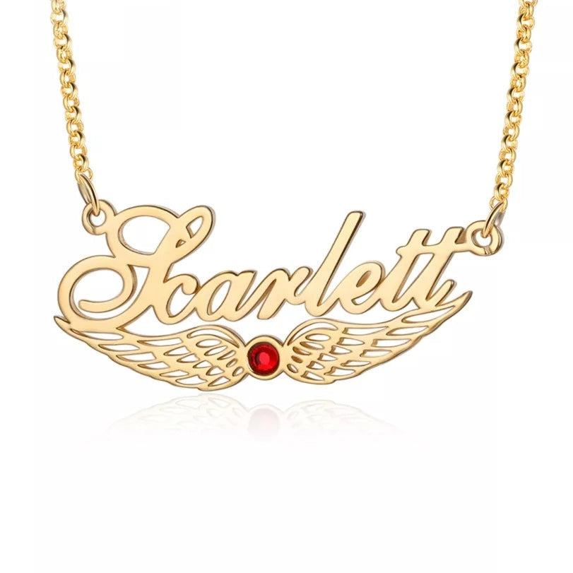 Custom Angel Wings Name Necklace with Birthstone HNS Studio Canada 