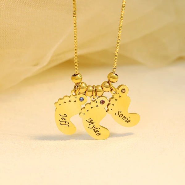 Baby Feet  Necklace with Kids Names and Birthstones
