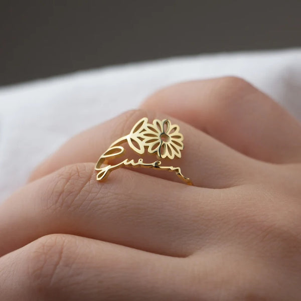 Birth Flower Name Ring HNS Studio Canada 