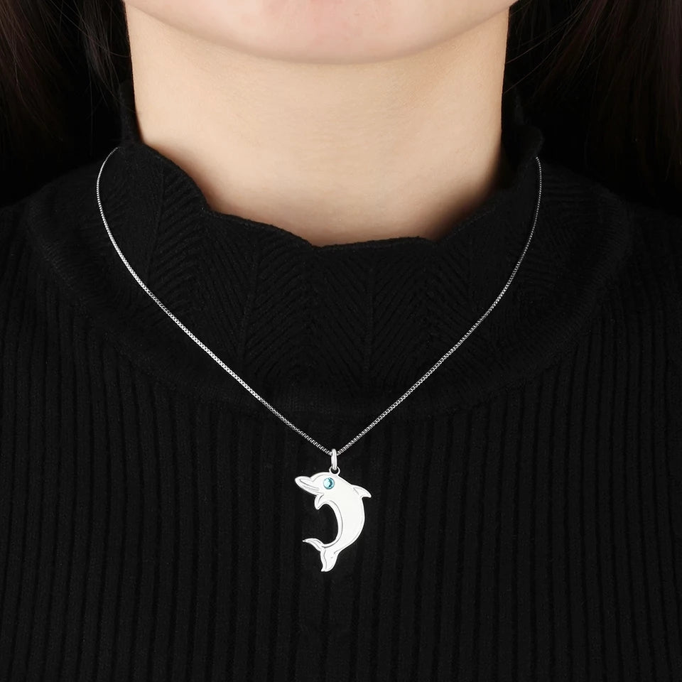 Personalized Sterling Silver Dolphin Necklace with Birthstone and name - HNS Studio