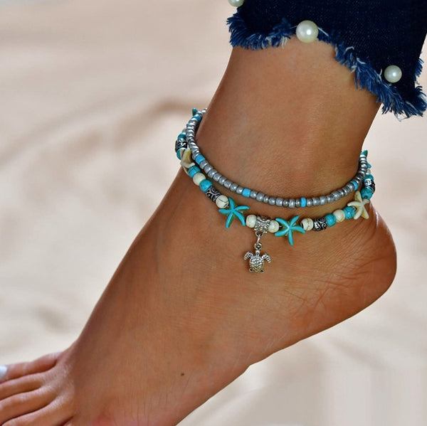 Multilayer Starfish and Turtle charm Boho anklet - HNS Studio