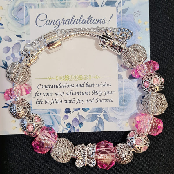 Pink Butterfly Silver Charm Bracelet for Women