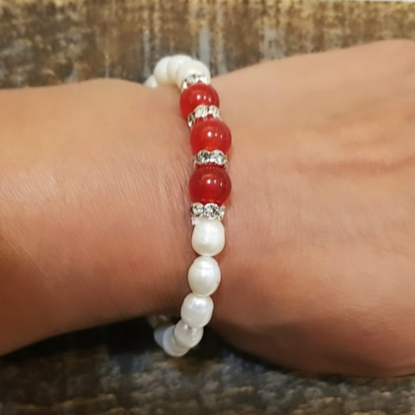Red and White Pearl Stretchable Bracelet