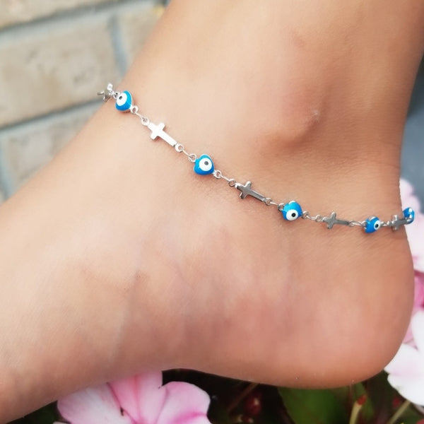 Blue Evil Eye and Cross Anklet HNS Studio Canada 