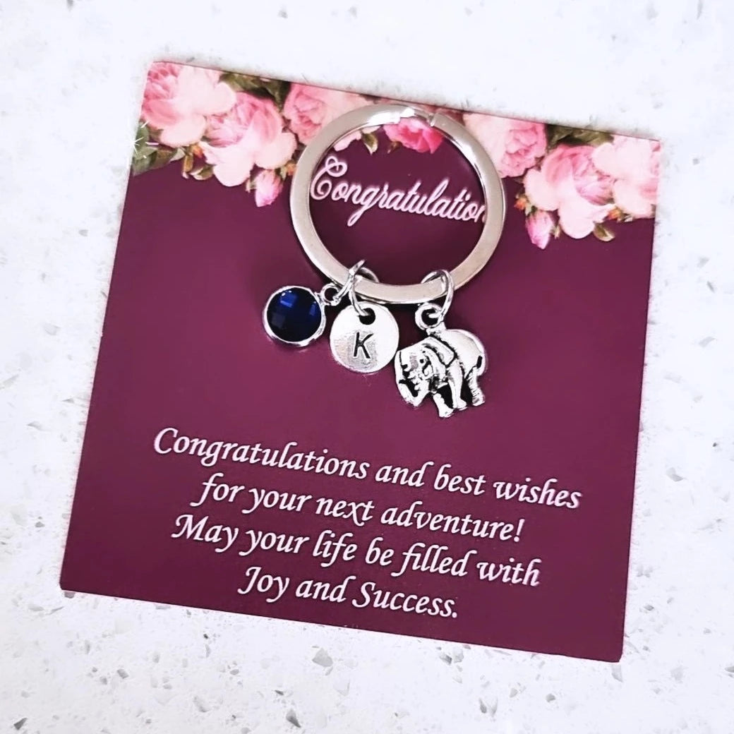 Lucky Elephant Keychain Personalized with Initial and Birthstone