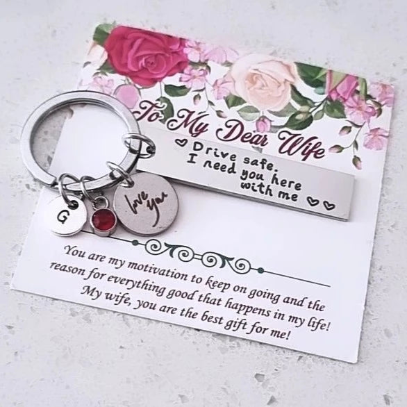Personalized Drive Safe Keychain with love you charm for wife HNS Studio Canada 