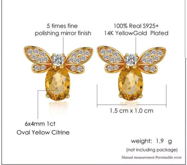 Sterling Silver 14k Gold plated Honey Bee Earrings with Citrine stone - HNS Studio
