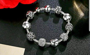White Charms Bracelet with Love and Flower charms - HNS Studio