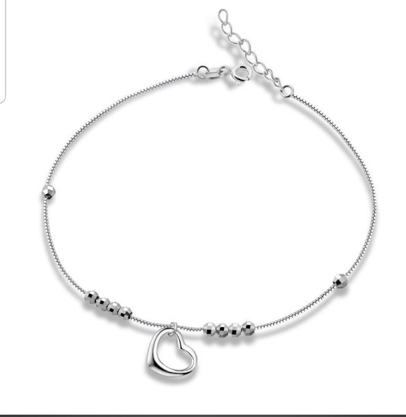 925 Sterling Silver Simple Heart Beads Anklet Bracelet