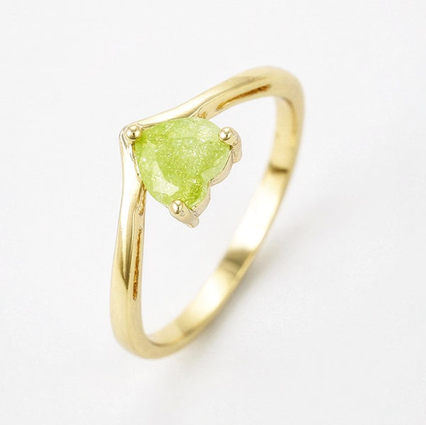 Light Green Peridot Heart shaped stone 14K Gold plated Ring set Size 7 - HNS Studio